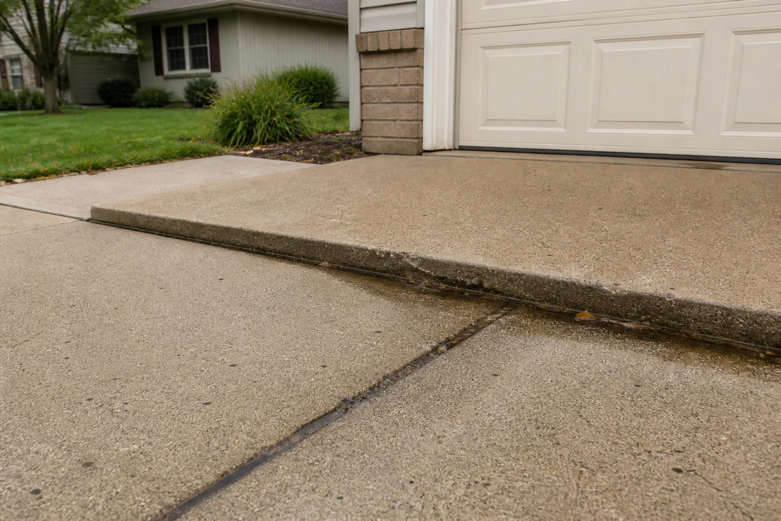 Sunken concrete driveway panel creating a lip near a garage after rain.